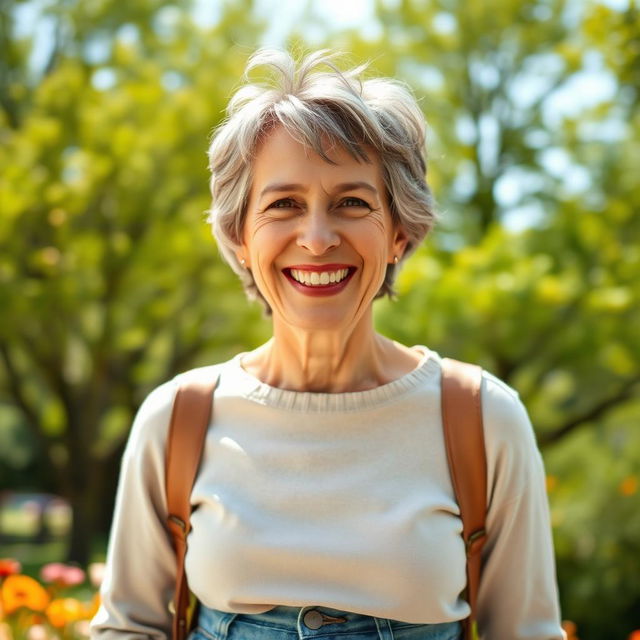 A cheerful middle-aged person, exuding happiness and positivity, standing outdoors in a sunny park