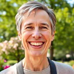 A cheerful middle-aged person, exuding happiness and positivity, standing outdoors in a sunny park