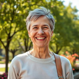 A cheerful middle-aged person, exuding happiness and positivity, standing outdoors in a sunny park