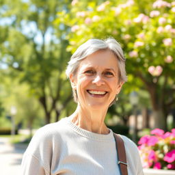 A cheerful middle-aged person, exuding happiness and positivity, standing outdoors in a sunny park