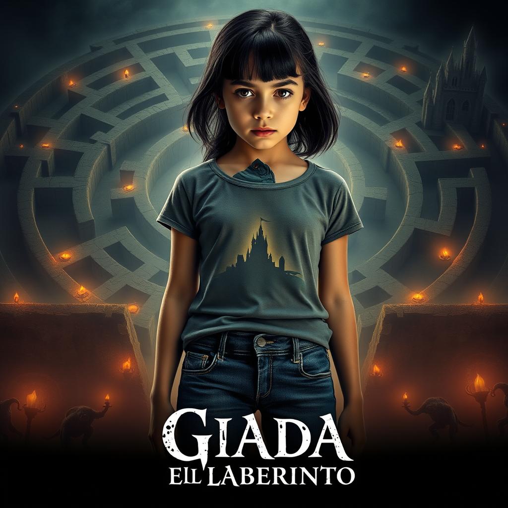 A dramatic and captivating movie poster depicting a 16-year-old Italian girl with black hair, dressed in jeans and a t-shirt, standing resolutely in front of an intricate labyrinth