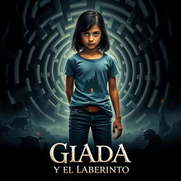 A dramatic and captivating movie poster depicting a 16-year-old Italian girl with black hair, dressed in jeans and a t-shirt, standing resolutely in front of an intricate labyrinth