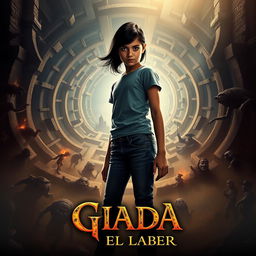 A dramatic and captivating movie poster depicting a 16-year-old Italian girl with black hair, dressed in jeans and a t-shirt, standing resolutely in front of an intricate labyrinth