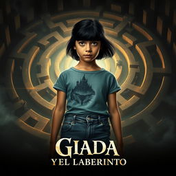 A dramatic and captivating movie poster depicting a 16-year-old Italian girl with black hair, dressed in jeans and a t-shirt, standing resolutely in front of an intricate labyrinth