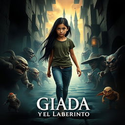 A cinematic movie poster featuring an Italian girl with long black hair, aged 15 years, styled in modern jeans and a t-shirt, embarking on a heroic quest to rescue her brother