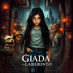 A cinematic movie poster featuring an Italian girl with long black hair, aged 15 years, styled in modern jeans and a t-shirt, embarking on a heroic quest to rescue her brother