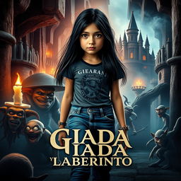 A cinematic movie poster featuring an Italian girl with long black hair, aged 15 years, styled in modern jeans and a t-shirt, embarking on a heroic quest to rescue her brother