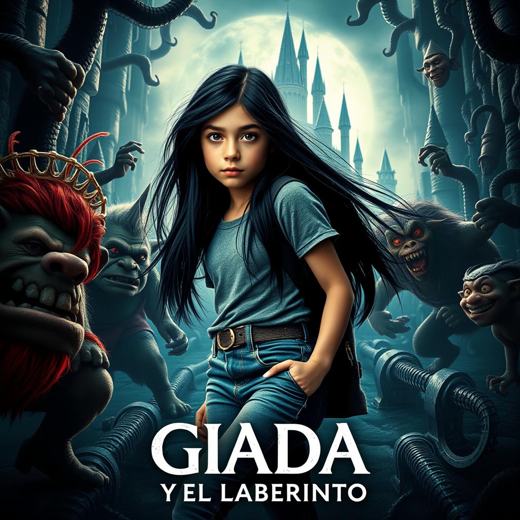 A cinematic movie poster featuring an Italian girl with long black hair, aged 15 years, styled in modern jeans and a t-shirt, embarking on a heroic quest to rescue her brother