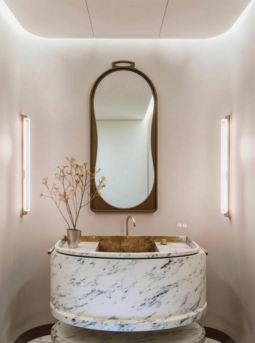 A stylish modern bathroom featuring an oval-shaped marble vanity with a smooth white finish and subtle gray veining