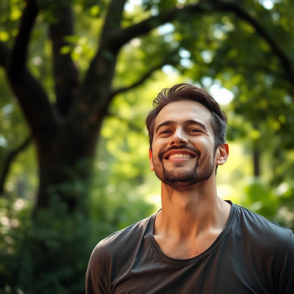 A male figure displaying a strong expression of relief and wellbeing, standing in a serene natural setting, surrounded by lush greenery and sunlight filtering through the trees, wearing casual clothing