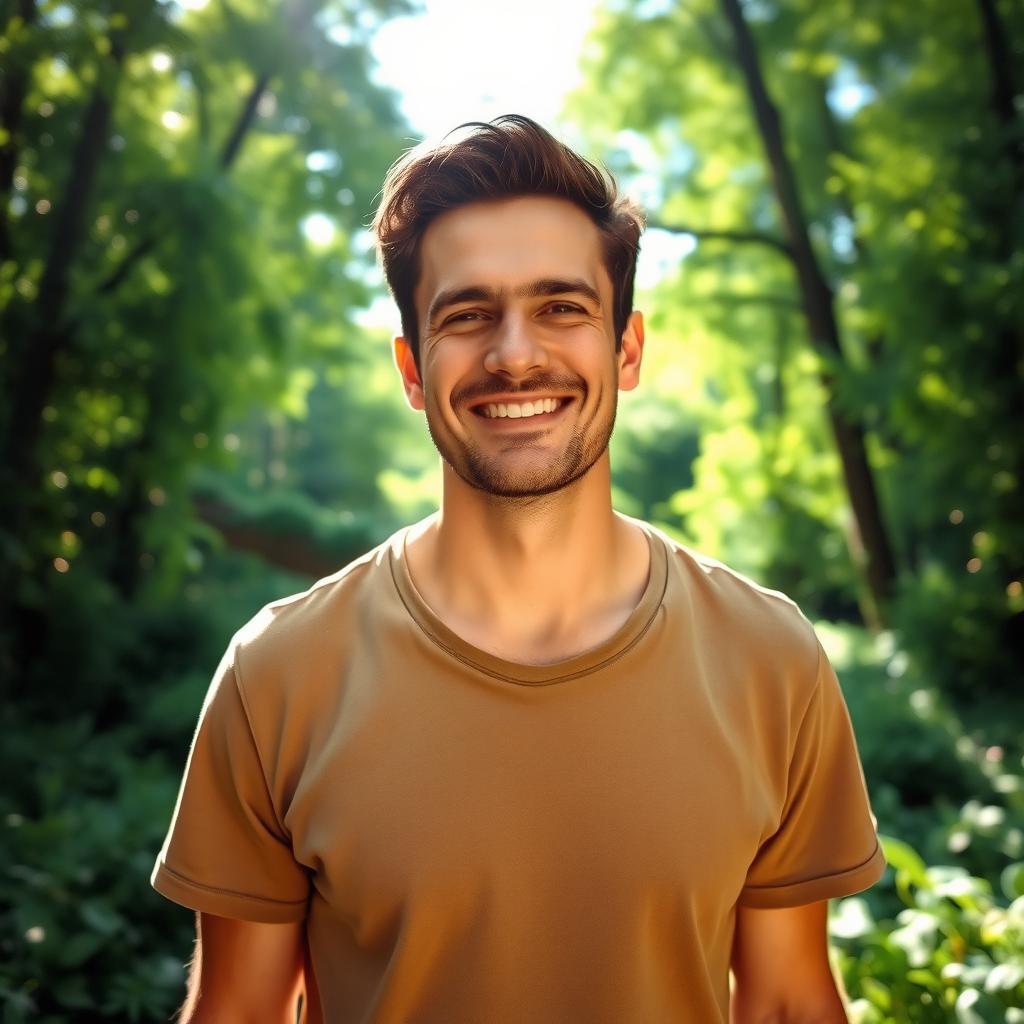 A male figure displaying a strong expression of relief and wellbeing, standing in a serene natural setting, surrounded by lush greenery and sunlight filtering through the trees, wearing casual clothing