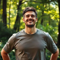 A male figure displaying a strong expression of relief and wellbeing, standing in a serene natural setting, surrounded by lush greenery and sunlight filtering through the trees, wearing casual clothing