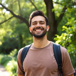 A male figure displaying a strong expression of relief and wellbeing, standing in a serene natural setting, surrounded by lush greenery and sunlight filtering through the trees, wearing casual clothing