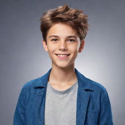 An animated image of a confident teenage boy wearing trendy clothes, with a distinctively stylish hair. His welcoming smile and sparkling eyes illuminate his youthful charm.