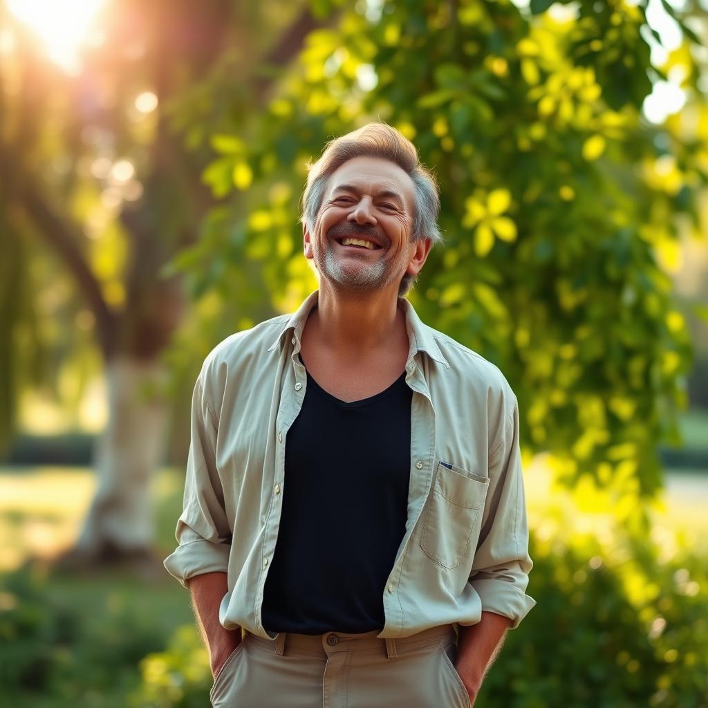 A middle-aged male figure with a strong expression of relief and wellbeing, standing in a serene outdoor setting, surrounded by vibrant greenery and warm sunlight filtering through the leaves