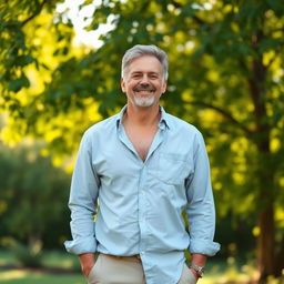 A middle-aged male figure with a strong expression of relief and wellbeing, standing in a serene outdoor setting, surrounded by vibrant greenery and warm sunlight filtering through the leaves