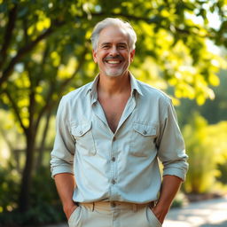 A middle-aged male figure with a strong expression of relief and wellbeing, standing in a serene outdoor setting, surrounded by vibrant greenery and warm sunlight filtering through the leaves