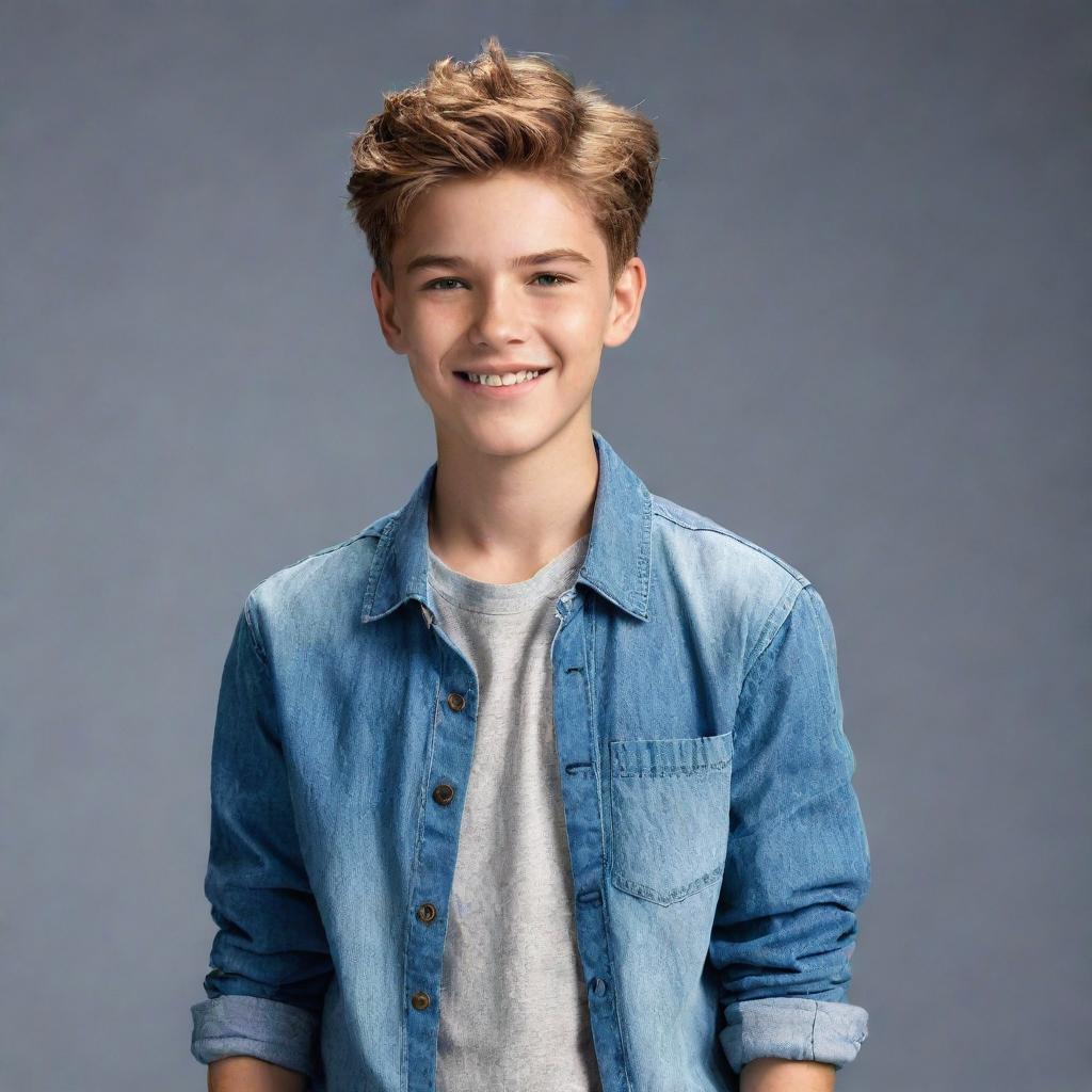 An animated image of a confident teenage boy wearing trendy clothes, with a distinctively stylish hair. His welcoming smile and sparkling eyes illuminate his youthful charm.