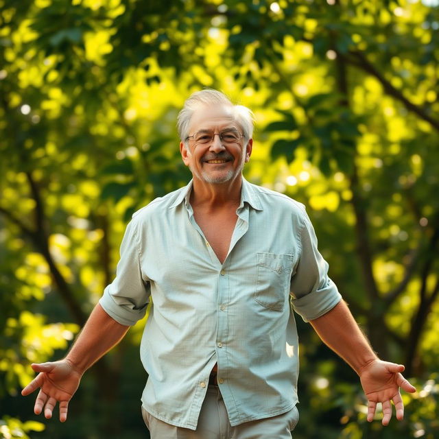 A middle-aged male figure with a strong expression of relief and wellbeing, standing in a serene outdoor setting, surrounded by vibrant greenery and warm sunlight filtering through the leaves