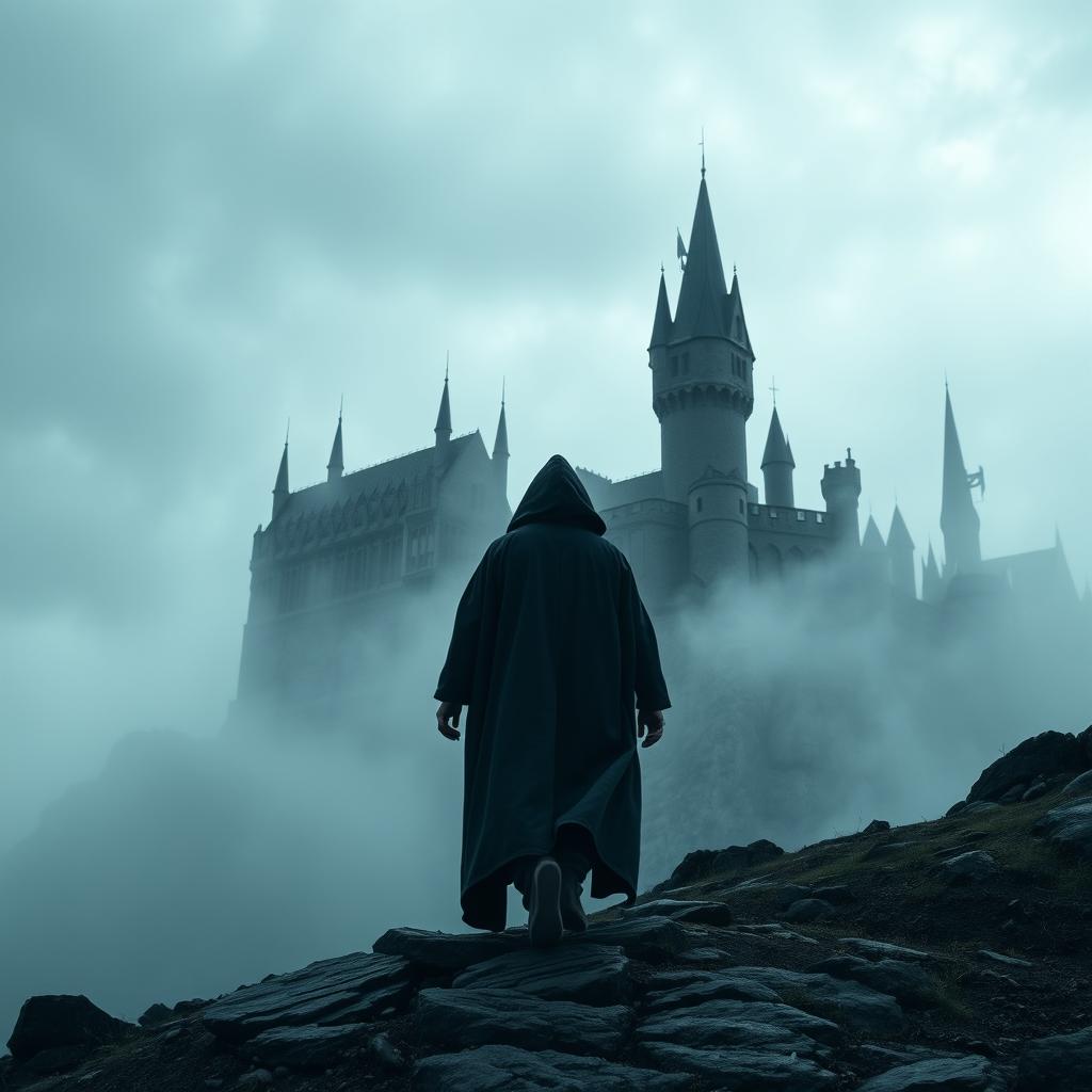 A dark and enigmatic scene featuring a hooded figure in a dark cloak walking backwards over a rocky hill