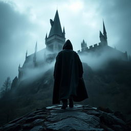 A dark and enigmatic scene featuring a hooded figure in a dark cloak walking backwards over a rocky hill