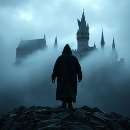 A dark and enigmatic scene featuring a hooded figure in a dark cloak walking backwards over a rocky hill