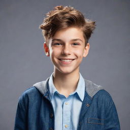 An animated image of a confident teenage boy wearing trendy clothes, with a distinctively stylish hair. His welcoming smile and sparkling eyes illuminate his youthful charm.