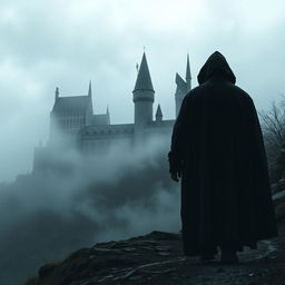 A dark and enigmatic scene featuring a hooded figure dressed in a dark cloak walking away on a rocky hill