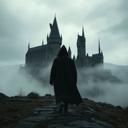 A dark and enigmatic scene featuring a hooded figure dressed in a dark cloak walking away on a rocky hill