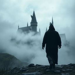 A dark and enigmatic scene featuring a hooded figure dressed in a dark cloak walking away on a rocky hill