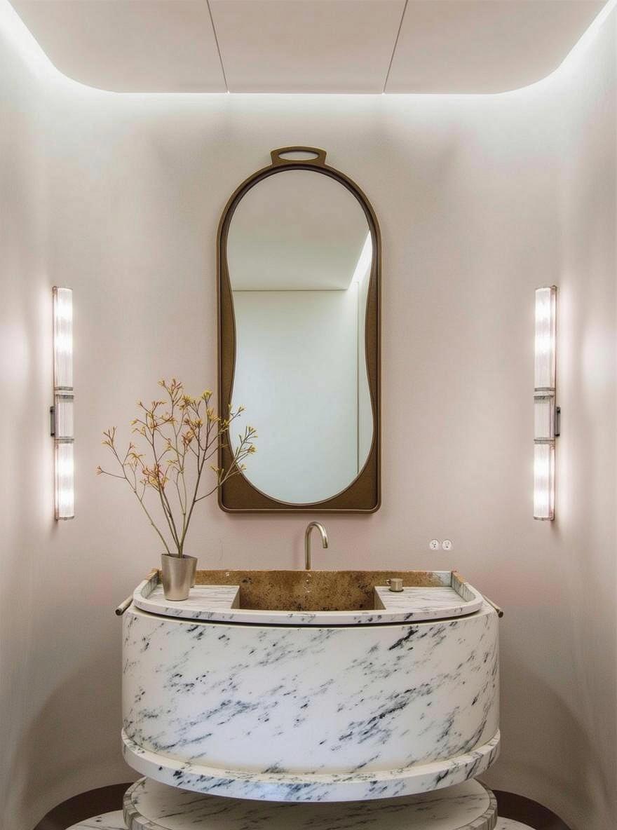 A modern bathroom interior featuring a stylish oval marble sink with a unique design showcasing dark and light veining