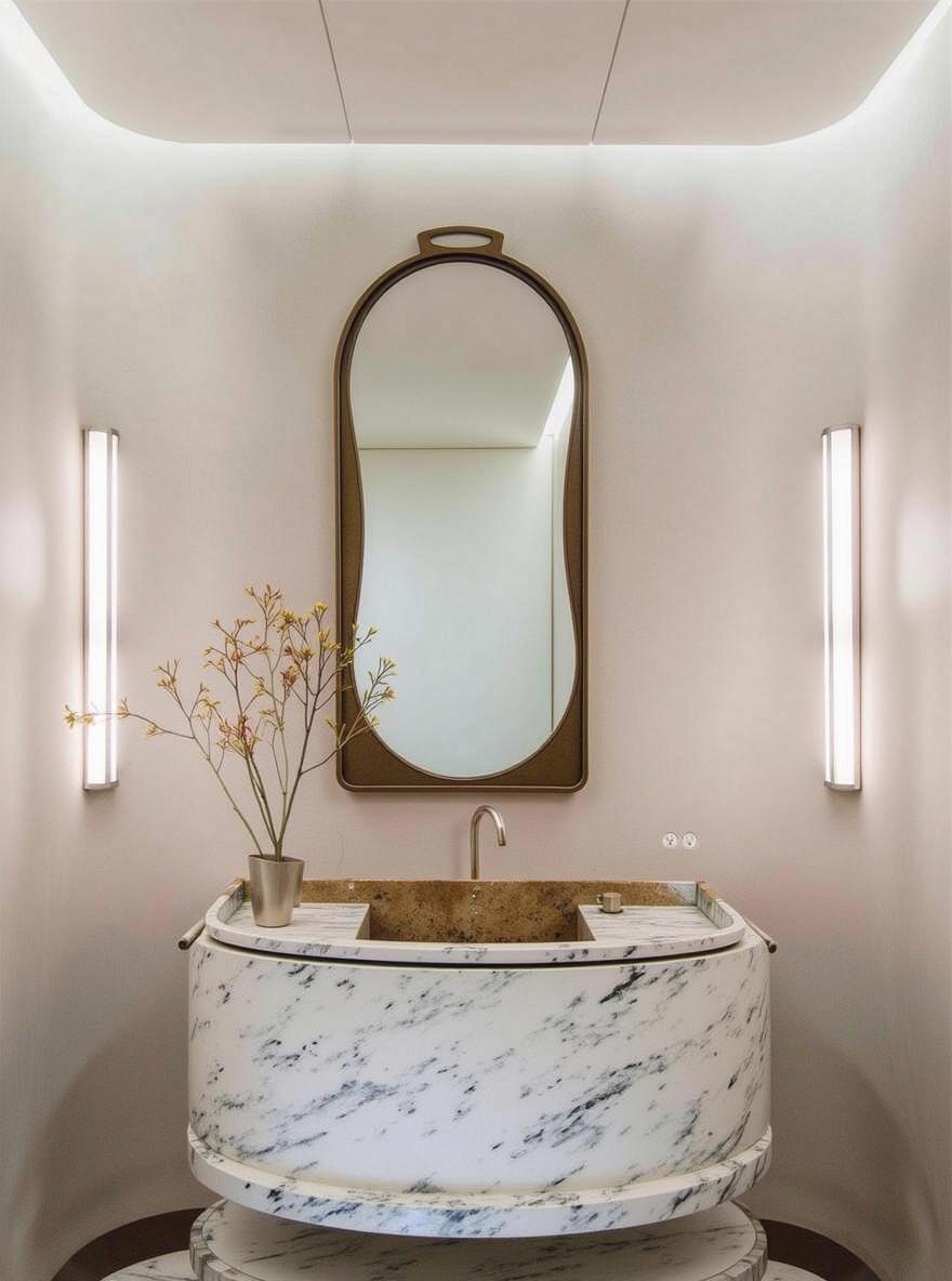 A stylish modern bathroom showcasing an oval marble sink with a sleek design