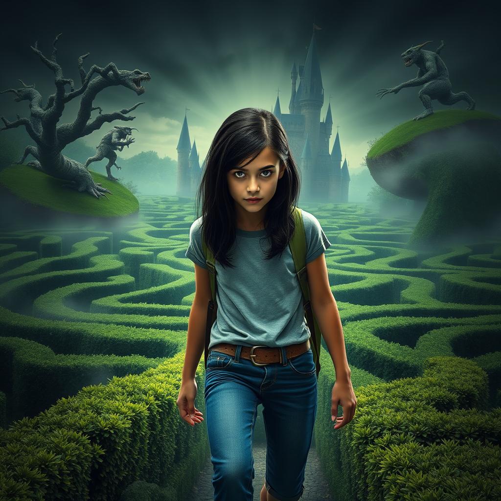 A cinematic movie poster featuring a 14-year-old Italian girl with black hair, styled in a modern outfit of jeans and a t-shirt, set in 2019