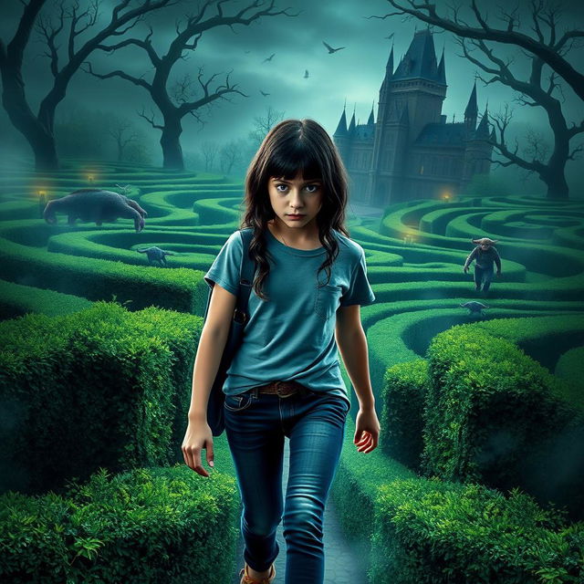 A cinematic movie poster featuring a 14-year-old Italian girl with black hair, styled in a modern outfit of jeans and a t-shirt, set in 2019