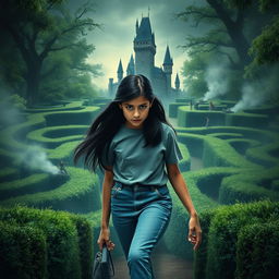 A cinematic movie poster featuring a 14-year-old Italian girl with black hair, styled in a modern outfit of jeans and a t-shirt, set in 2019