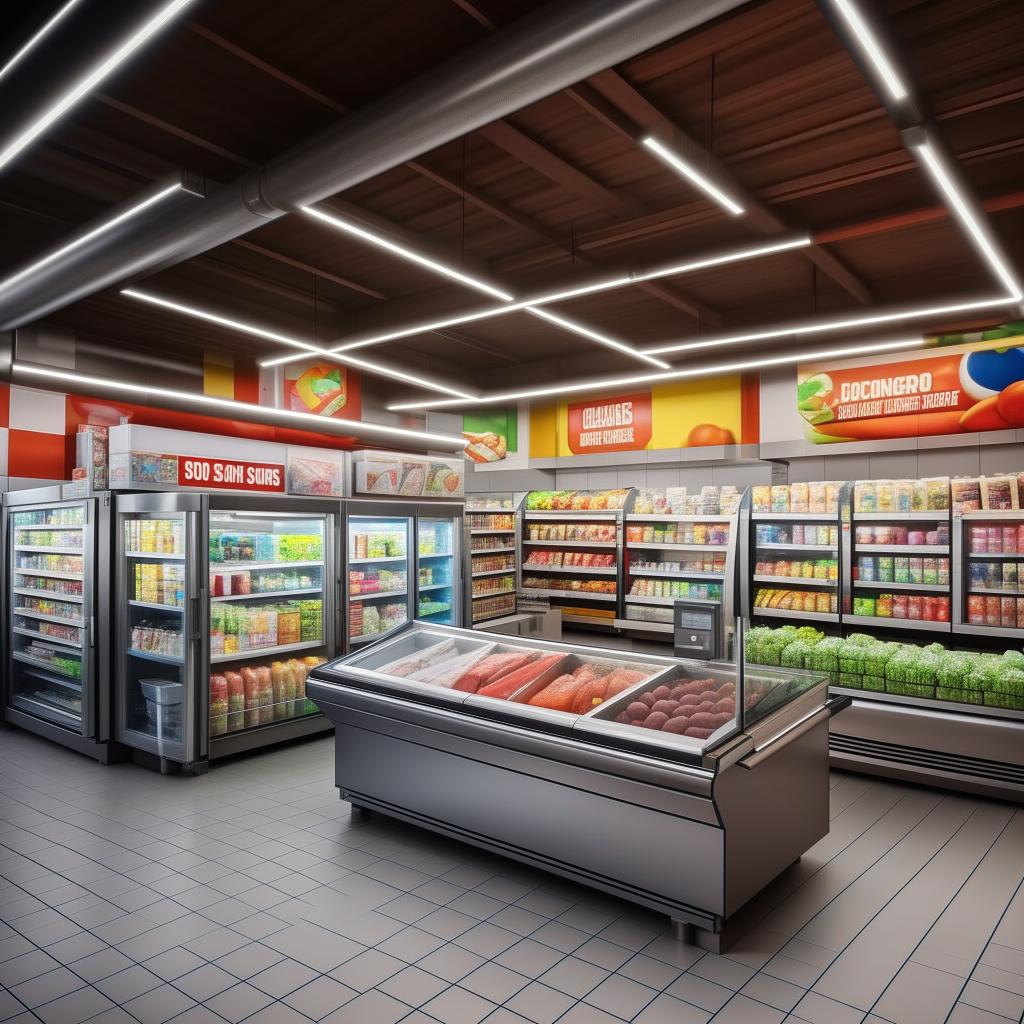 Design a detailed, realistic convenience store with dimensions of height 80", width 144", length 408". It includes two large 1000 liter fridges and two 300 liter deep freezers.