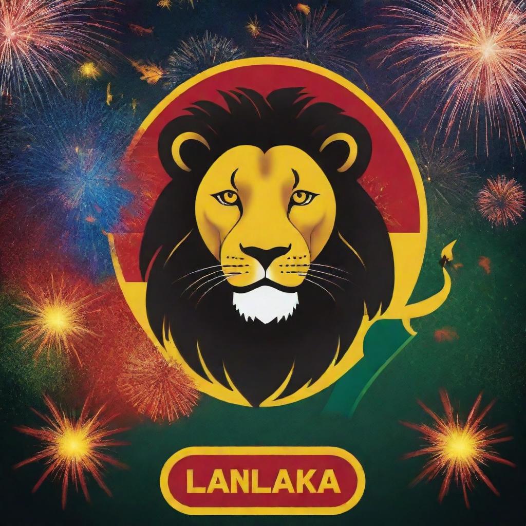 A patriotic poster celebrating Sri Lankan Independence Day, showcasing vibrant and symbolic elements such as the national flag, a lion, the map of Sri Lanka, and fireworks in the background.