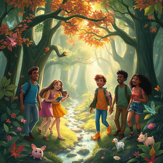 A magical forest scene featuring a diverse group of friends exploring together, surrounded by lush greenery, enchanting trees with vibrant leaves, sparkling streams, and whimsical creatures like fairies and magical animals