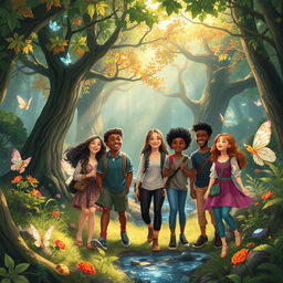 A magical forest scene featuring a diverse group of friends exploring together, surrounded by lush greenery, enchanting trees with vibrant leaves, sparkling streams, and whimsical creatures like fairies and magical animals