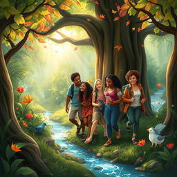 A magical forest scene featuring a diverse group of friends exploring together, surrounded by lush greenery, enchanting trees with vibrant leaves, sparkling streams, and whimsical creatures like fairies and magical animals