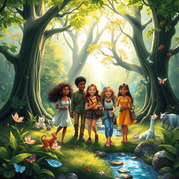 A magical forest scene featuring a diverse group of friends exploring together, surrounded by lush greenery, enchanting trees with vibrant leaves, sparkling streams, and whimsical creatures like fairies and magical animals