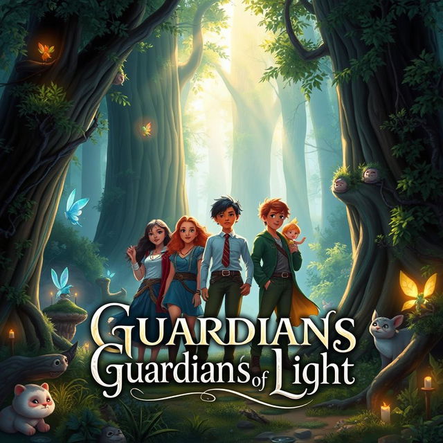 A captivating book cover illustration for 'Guardians of Light', set in a magical forest