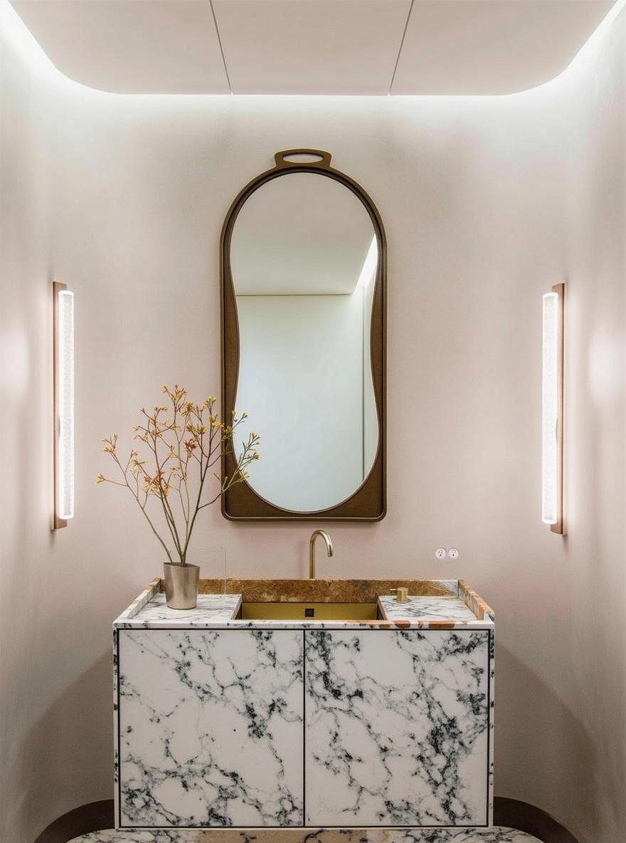 A luxurious modern bathroom scene featuring a beautifully designed marble vanity with rich black and white veining, showcasing a sleek countertop