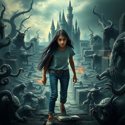 A cinematic poster depicting a scene from a fantasy adventure film set in 2019, showcasing a 14-year-old Italian girl with long black hair, dressed in modern jeans and a t-shirt, determinedly embarking on a quest to rescue her brother from a witch inspired by her fantasy books