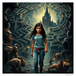 A cinematic poster depicting a scene from a fantasy adventure film set in 2019, showcasing a 14-year-old Italian girl with long black hair, dressed in modern jeans and a t-shirt, determinedly embarking on a quest to rescue her brother from a witch inspired by her fantasy books