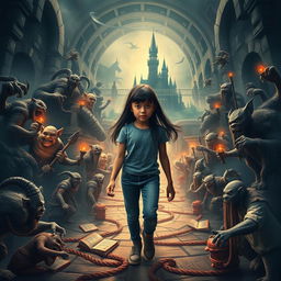 A cinematic poster depicting a scene from a fantasy adventure film set in 2019, showcasing a 14-year-old Italian girl with long black hair, dressed in modern jeans and a t-shirt, determinedly embarking on a quest to rescue her brother from a witch inspired by her fantasy books