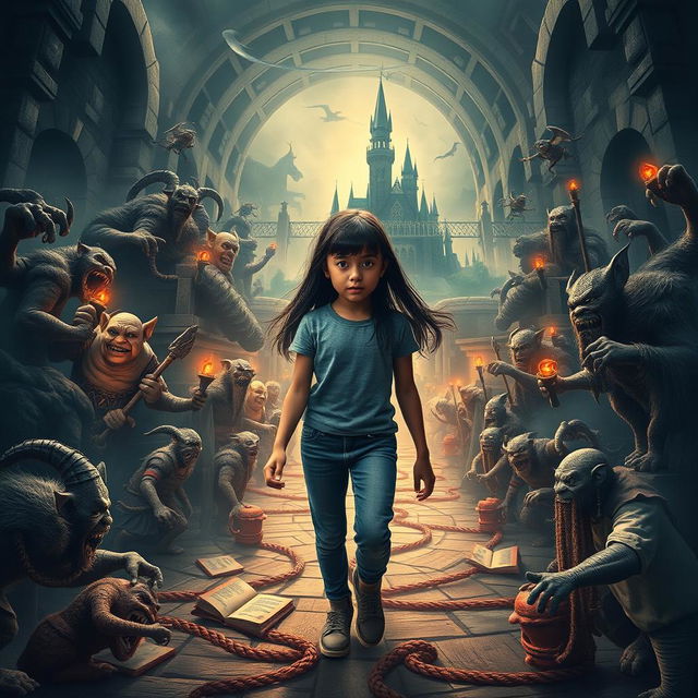 A cinematic poster depicting a scene from a fantasy adventure film set in 2019, showcasing a 14-year-old Italian girl with long black hair, dressed in modern jeans and a t-shirt, determinedly embarking on a quest to rescue her brother from a witch inspired by her fantasy books