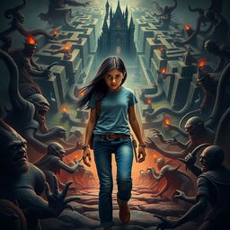 A cinematic poster depicting a scene from a fantasy adventure film set in 2019, showcasing a 14-year-old Italian girl with long black hair, dressed in modern jeans and a t-shirt, determinedly embarking on a quest to rescue her brother from a witch inspired by her fantasy books