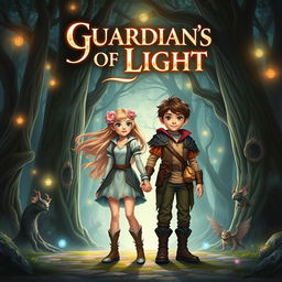 A stunning fantasy book cover for 'Guardians of Light', featuring a brave boy and girl at the forefront