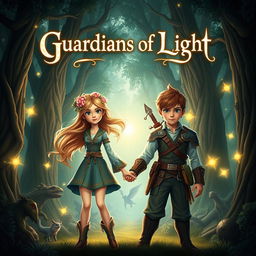 A stunning fantasy book cover for 'Guardians of Light', featuring a brave boy and girl at the forefront